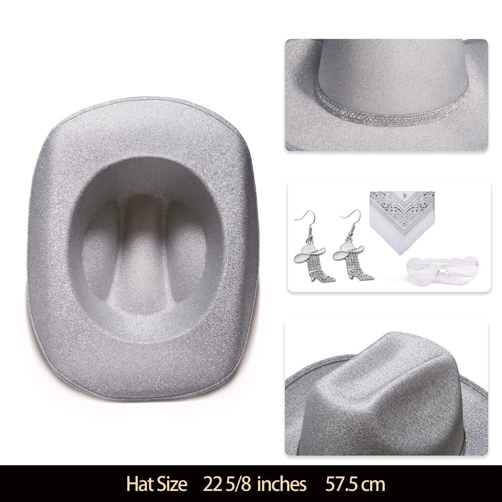2757 Women's Glitter Faux Felt Cowboy Hat Set For Western Party Costume (us - Picture 6 of 7
